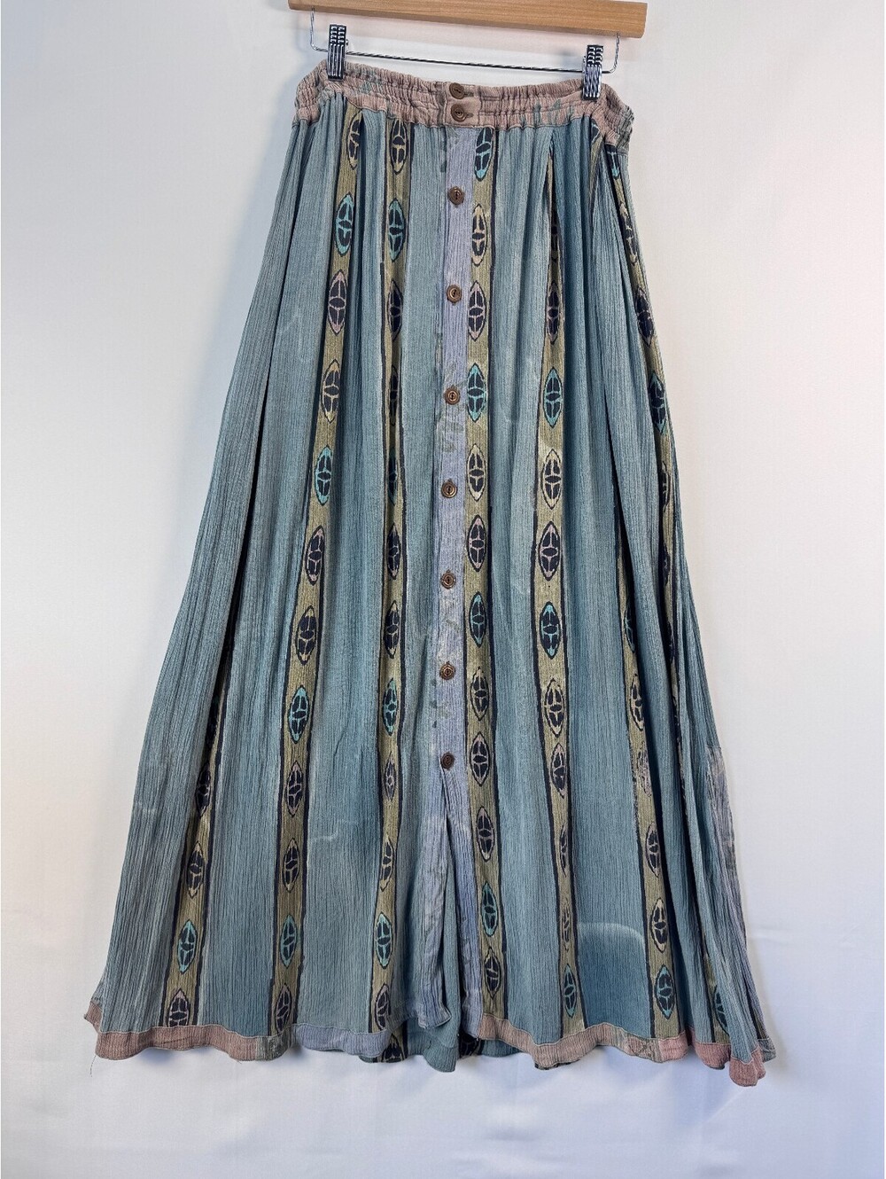 Vintage Kusnadi Crinkle Rayon Maxi Skirt Batik Art To Wear Boho Lagenlook Sz S/M